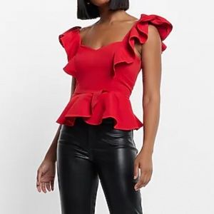 Express Red Flutter Sleeve Ruffle Shirt Sweetheart Neckline Peplum Top Large NWT